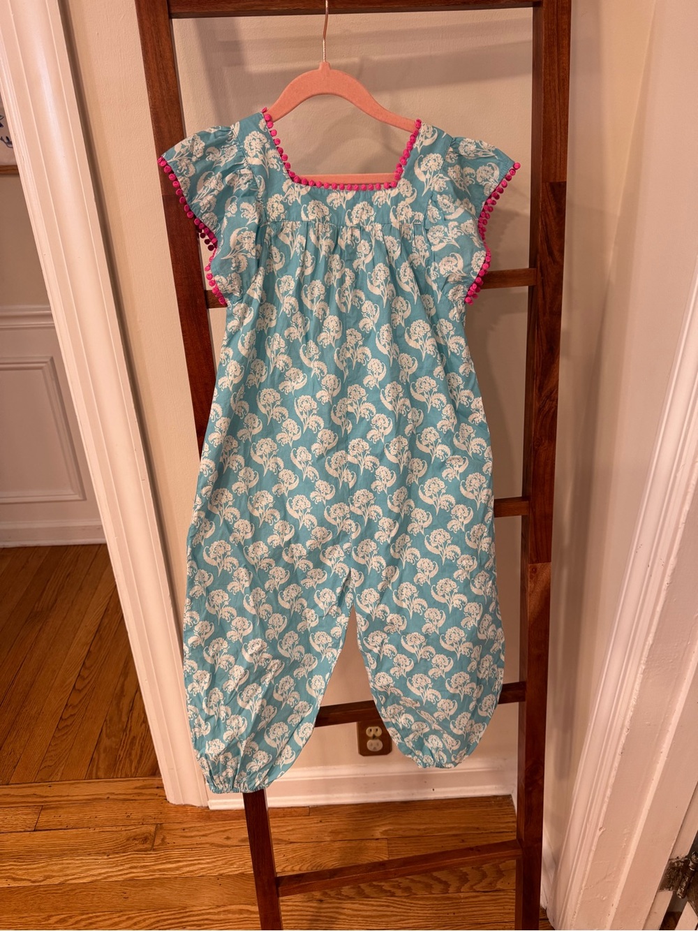 Mini Boden Aqua Floral Puff-Sleeve Pajama Romper with Pink Trim